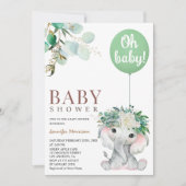 エレファントグリーンバルーン男女兼用ベビーシャワー 招待状 (正面)