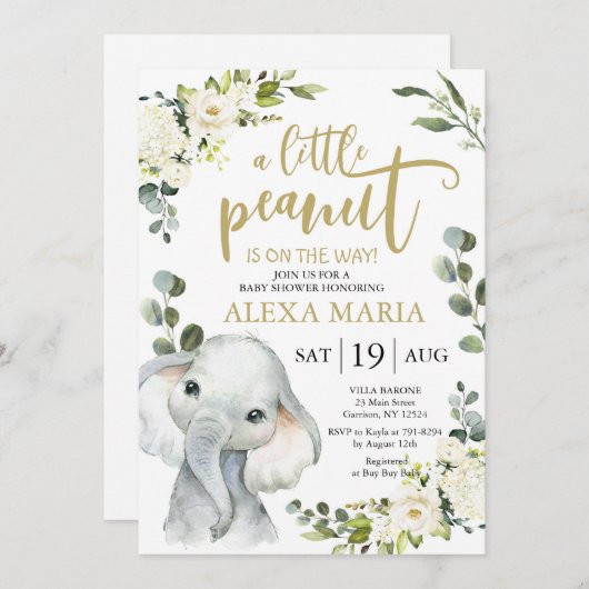 エレファントグリーンリーピーナッツベイビーシャワー招待状 (正面/裏面)
