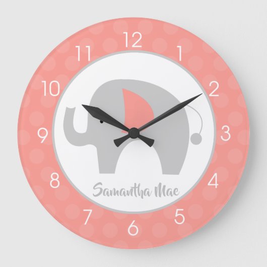 エレファントコーラルアンドグレー子供部屋ガールズ ラージ壁時計 (正面)