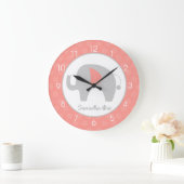 エレファントコーラルアンドグレー子供部屋ガールズ ラージ壁時計 (ホーム)