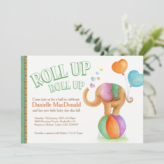エレファントサイの水色の緑の茶色の赤ちゃんシャワー 招待状 (スタンド正面)