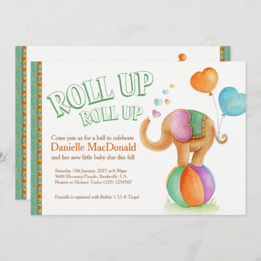 エレファントサイの水色の緑の茶色の赤ちゃんシャワー 招待状 (正面/裏面)