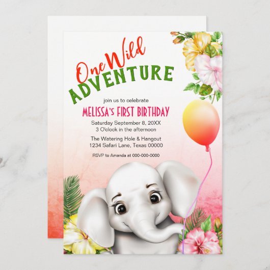 エレファントサファリトロピカルジャングルバースデーパーティー 招待状 (正面/裏面)