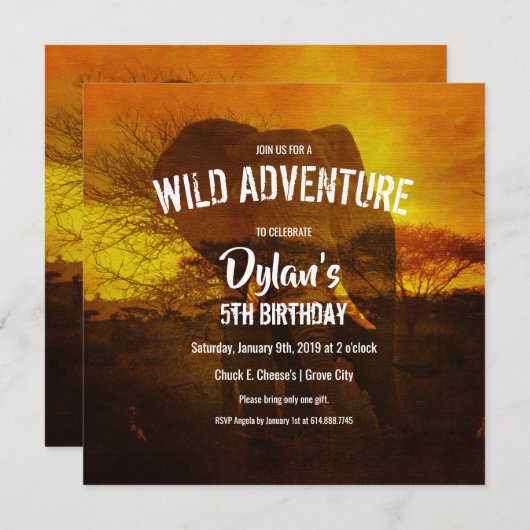 エレファントサファリバースデーパーティー 招待状 (正面/裏面)