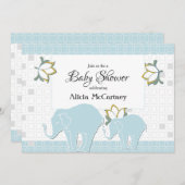 エレファントサファリフローラブルー&グレーボーイベビーシャワー 招待状 (正面/裏面)