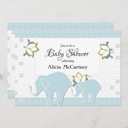 エレファントサファリフローラブルー&グレーボーイベビーシャワー 招待状 (正面/裏面)