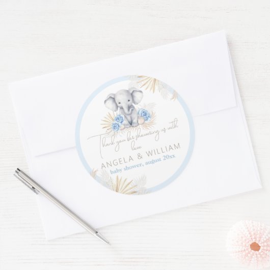 エレファントサファリボーホブルー感謝していベビーシャワー ラウンドシール (封筒)