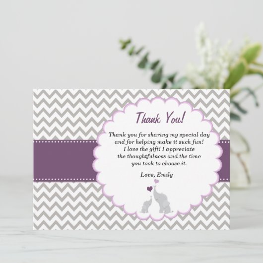 エレファントサンキューカードベビーガールシャワーパープル サンキューカード (スタンド正面)