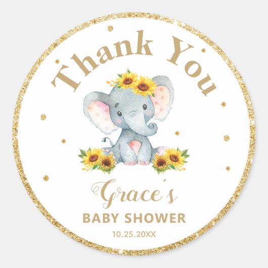 エレファントサンフラワーサンフラワーサンキュウリアンカビィーズ金ゴールドグリッター ラウンドシール (正面)
