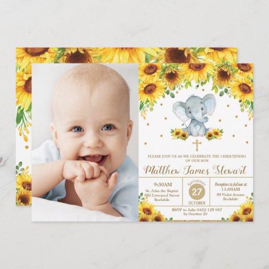 エレファントサンフラワー《キリスト教》洗礼式や命名式洗礼少年写真 招待状 (正面/裏面)