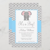 エレファントシェブロンライトブルーグレーベイビーシャワー 招待状 (正面/裏面)