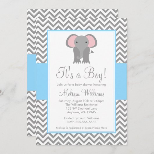 エレファントシェブロンライトブルーグレーベイビーシャワー 招待状 (正面/裏面)