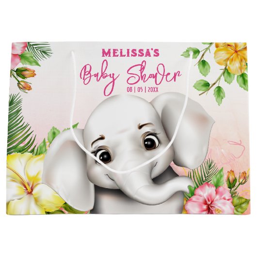 エレファントジャングルサファリパーソナライズされたーベビーシャワー ラージペーパーバッグ (正面)