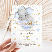 エレファントスイートピーナッツフラワーブルーベイビーボーイシャワー 招待状