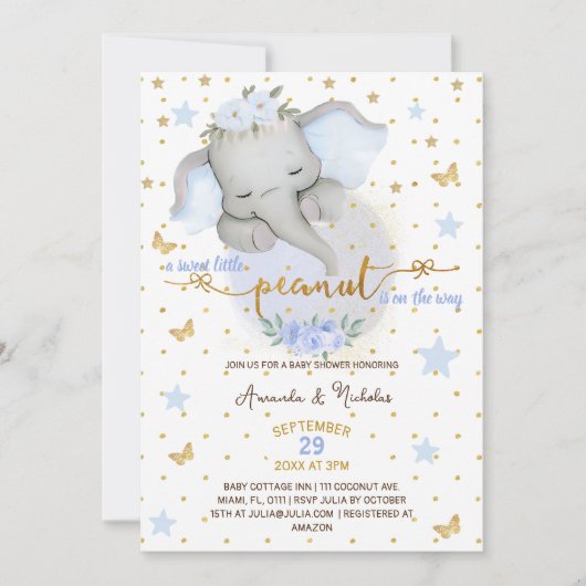 エレファントスイートピーナッツフローラブルー男の赤ちゃんシャワー 招待状 (正面)
