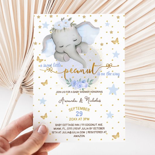 エレファントスイートピーナッツフローラブルー男の赤ちゃんシャワー 招待状