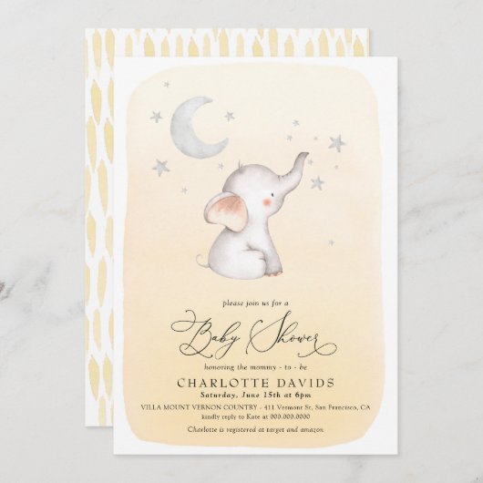 エレファントスターズムーンイエローニュートラルベビーシャワー 招待状 (正面/裏面)