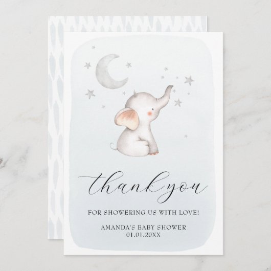 エレファントスタームーンダスティブルーボーイベビーシャワー サンキューカード (正面/裏面)