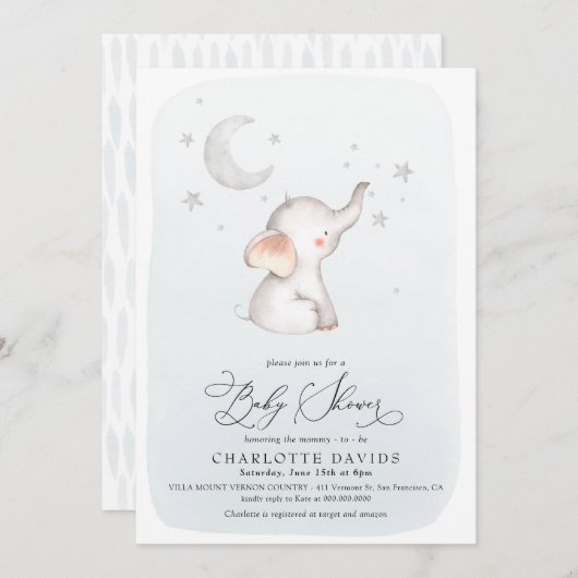 エレファントスタームーンダスティブルーボーイベビーシャワー 招待状 (正面/裏面)
