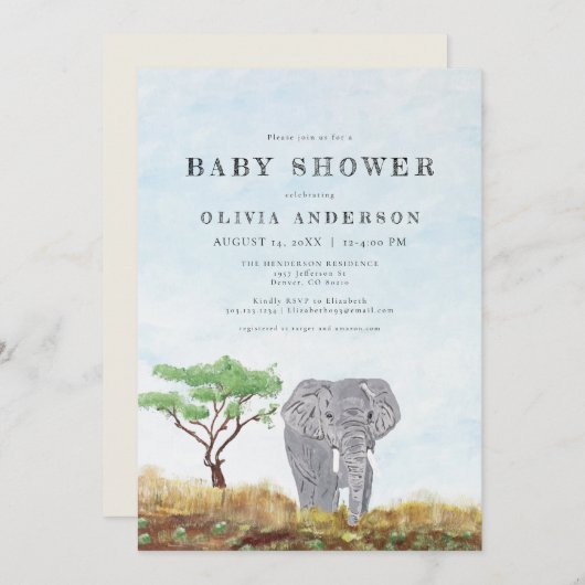エレファントステイ絵を描ワイルドサファリベイビーシャワー 招待状 (正面/裏面)