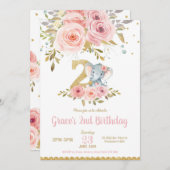 エレファントセカンドバースデー招待状ガールピンクフローラ 招待状 (正面/裏面)