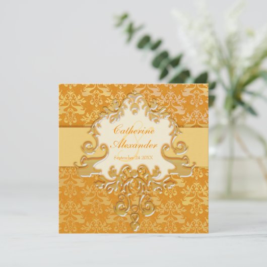エレファントダマスク金ゴールド結婚&クリームの正方形招待状 招待状 (スタンド正面)
