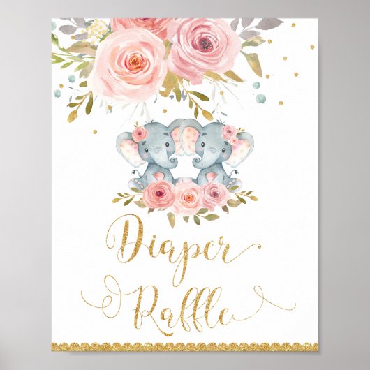 エレファントツインガールズベビーシャワーおむつラッフルサイン ポスター (正面)