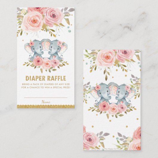 エレファントツインガールズベビーシャワーおむつラッフル エンクロージャーカード (正面/裏面)