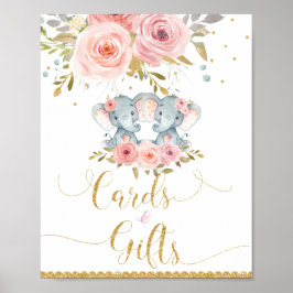 エレファントツインガールズベビーシャワーカード&ギフトサイン ポスター
