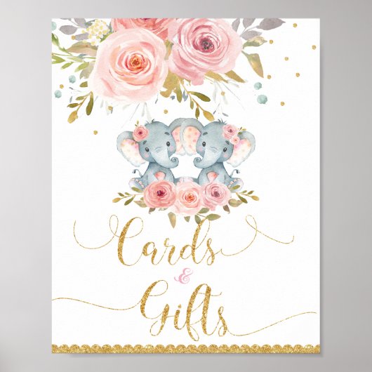 エレファントツインガールズベビーシャワーカード&ギフトサイン ポスター (正面)