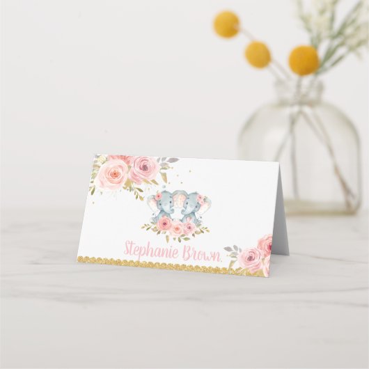 エレファントツインガールズベビーシャワーピンクフローラ プレイスカード (正面)