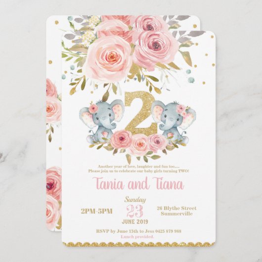 エレファントツインガールズ2ndバースデー招待状 招待状 (正面/裏面)