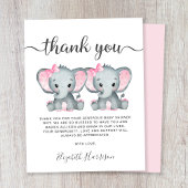エレファントツインベビーガールズシャワーサンキューカード