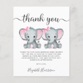 エレファントツインベビーガールズシャワーサンキューカード (正面)