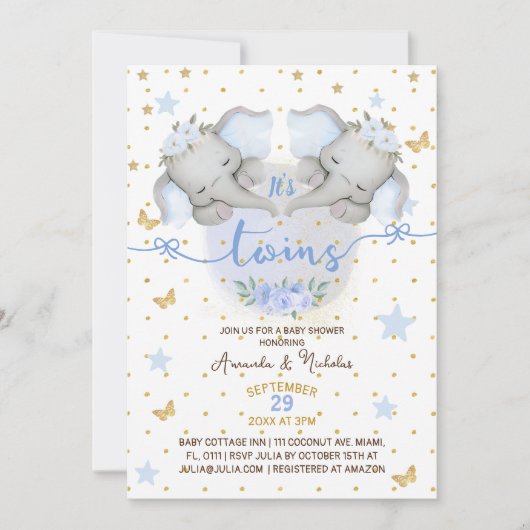エレファントツインボーイズ男の赤ちゃんシャワー 招待状 (正面)