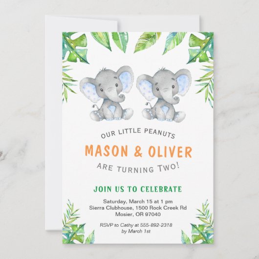 エレファントツインボーイズ誕生日リトルピーナッツパーティー 招待状 (正面)