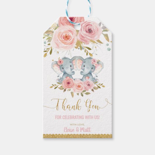 エレファントツイン女の子の赤ちゃんシャワーありがとうお願い ギフトタグ (正面)