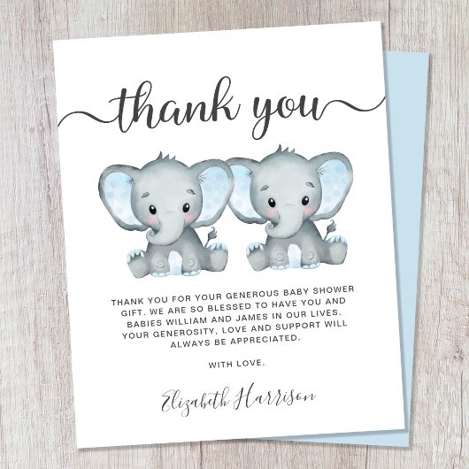 エレファントツイン男の赤ちゃんシャワーサンキューカード
