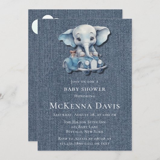 エレファントデニムヴィンテージカーボーイベビーシャワー 招待状 (正面/裏面)