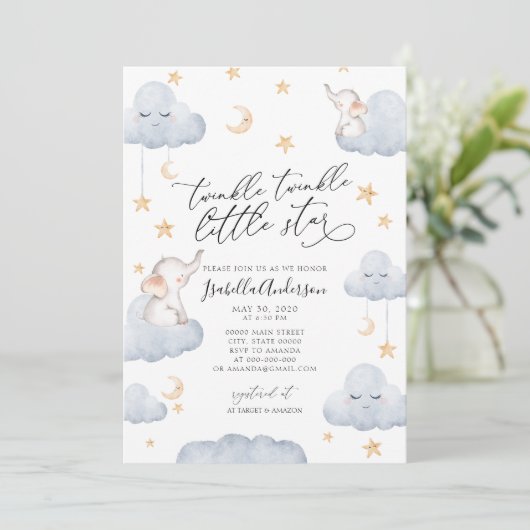 エレファントトゥインクルリトルスターイエローベビーシャワー 招待状 (スタンド正面)
