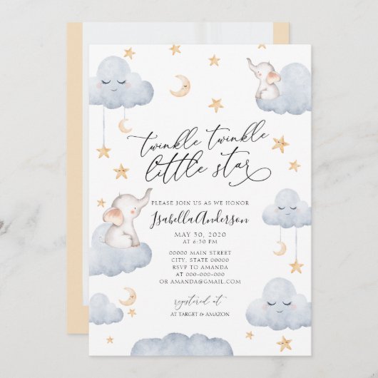 エレファントトゥインクルリトルスターイエローベビーシャワー 招待状 (正面/裏面)