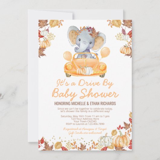 エレファントドライブバイベビーシャワーパレード招待状 招待状 (正面)