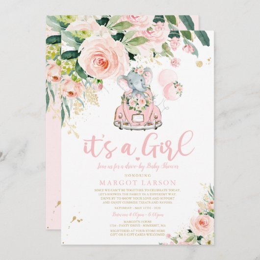 エレファントドライブバイベビーシャワー招待状ピンクローズ 招待状 (正面/裏面)
