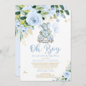 エレファントドライブバイベビーシャワー招待状ブルーバラ 招待状 (正面/裏面)