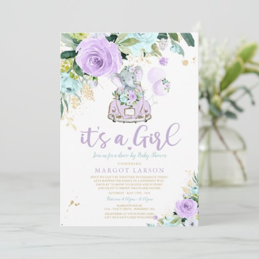 エレファントドライブバイベビースシャワー招待状紫 招待状 (スタンド正面)