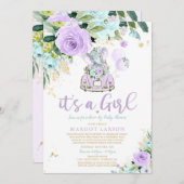 エレファントドライブバイベビースシャワー招待状紫 招待状 (正面/裏面)