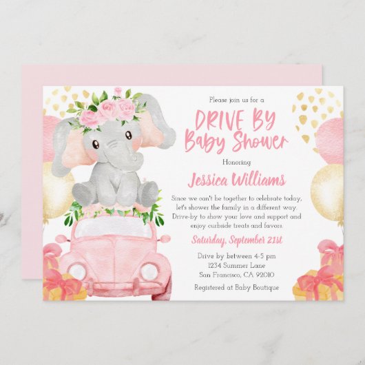 エレファントドライブバイベビースシャワー招待状 招待状 (正面/裏面)