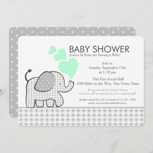 エレファントニュートラルミントとグレージンガム赤ちゃんシャワー 招待状 (正面/裏面)