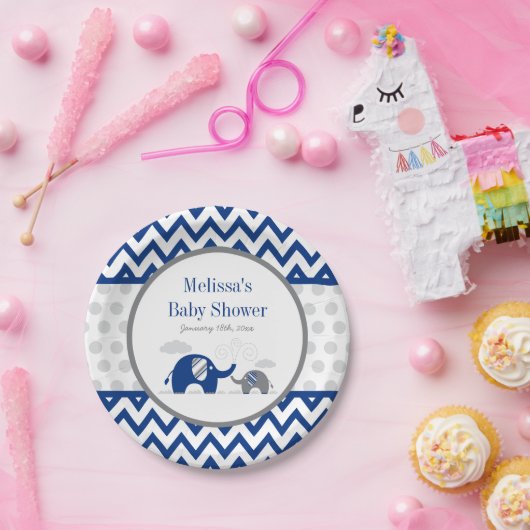 エレファントネイビーブルーグレー赤ちゃんシャワー ペーパープレート (パーティー)