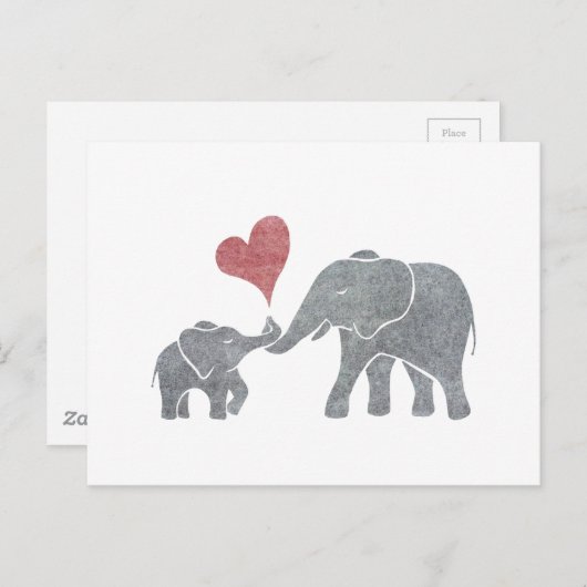 エレファントハググレーママとベビーと赤いハート ポストカード (正面/裏面)